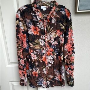 ✨GORGEOUS Vintage Tropical Floral Shirt - Brown & Peach - embroidered - size XL